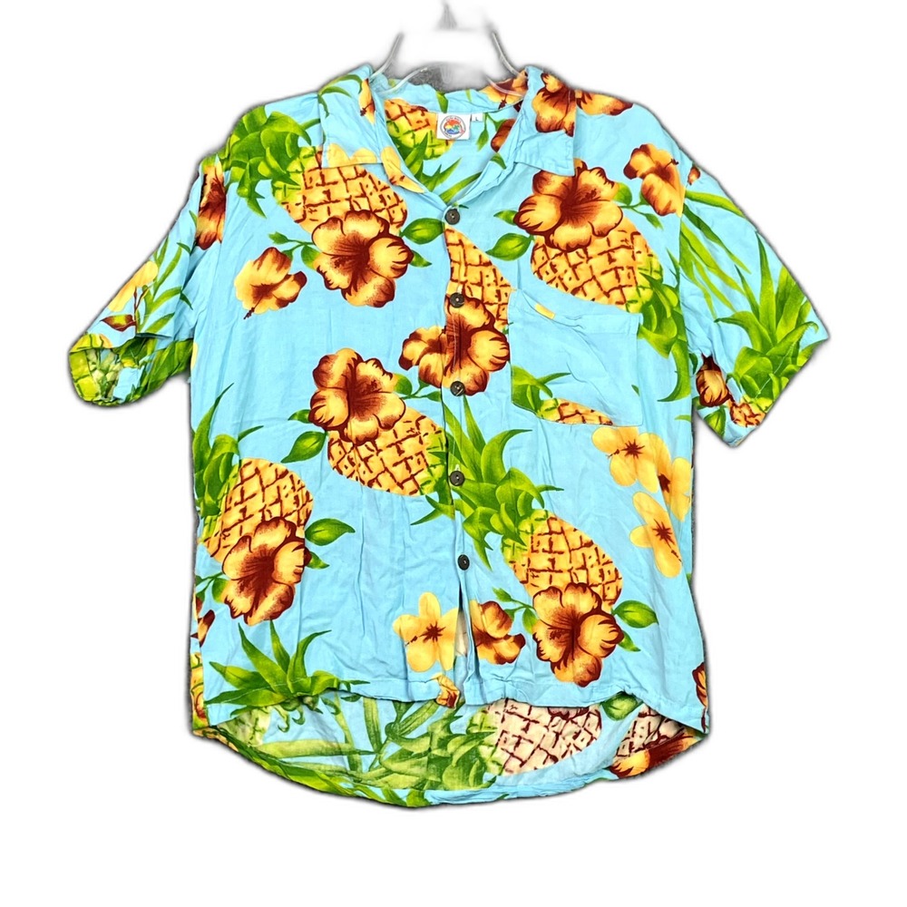 Makai Beach Hawaiian Shirt Mens Large Floral Print Button Up Outdoor Surfing